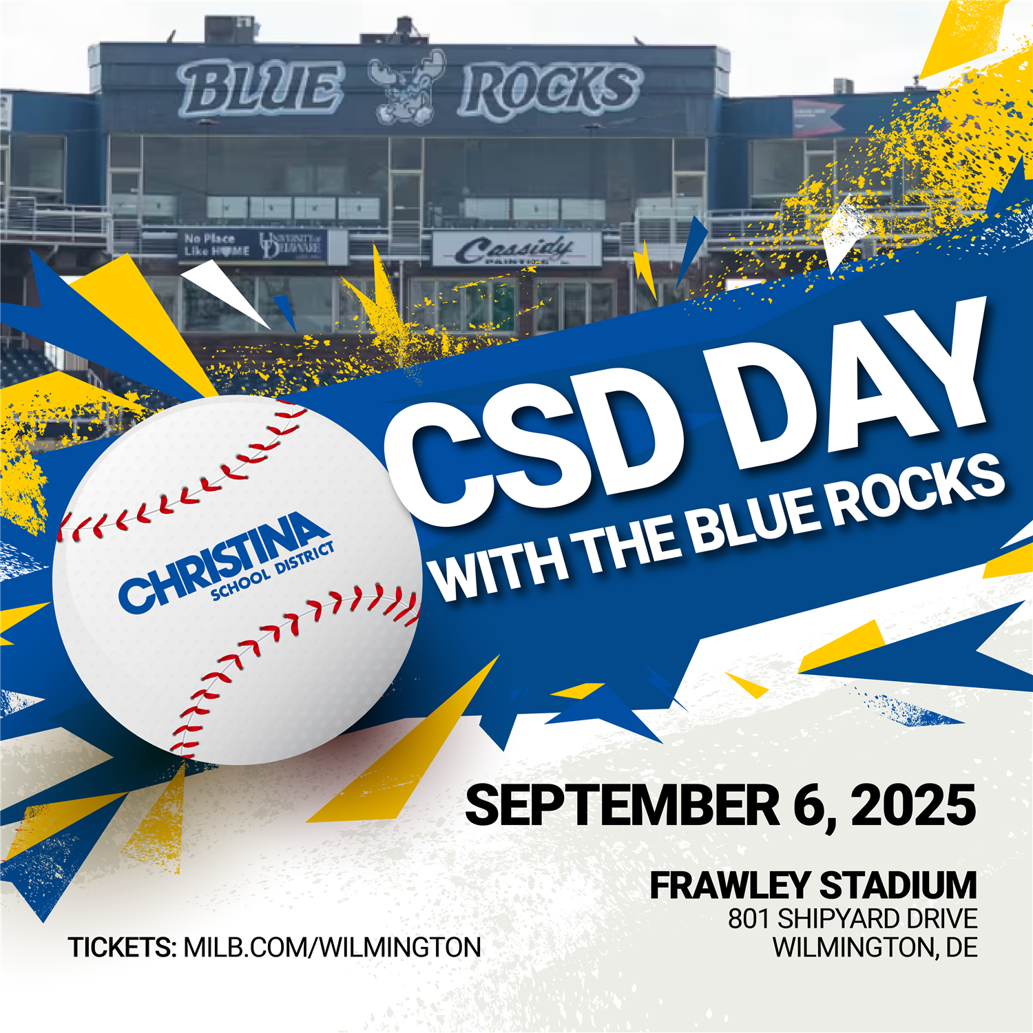 Picture of the Blue Rocks Stadium in the background with blue banner CSD Day with the Blue Rocks